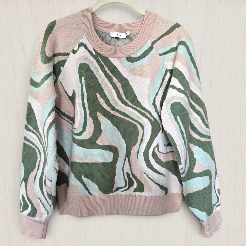 Lush Women Multi Color Marble Swirl Knit Crewneck Sweater Pink Green Blue Medium